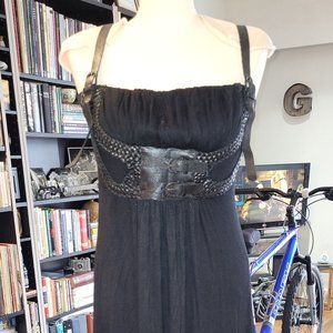 Vintage Leather Trimmed Long Dress Poly Spandex Cotton Size 8-10